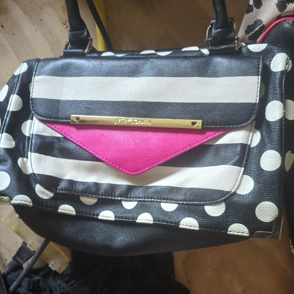 Betsey Johnson Black and Pink Polka Dot Shoulder Bag with Gold Accents
